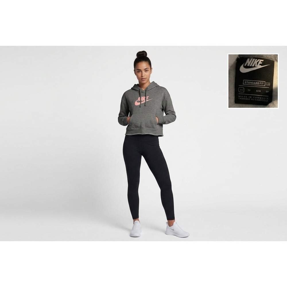 Nike Hoodie Women XS Grey Excellent Pink Logo Fleece Pullover Sportswear Pocket